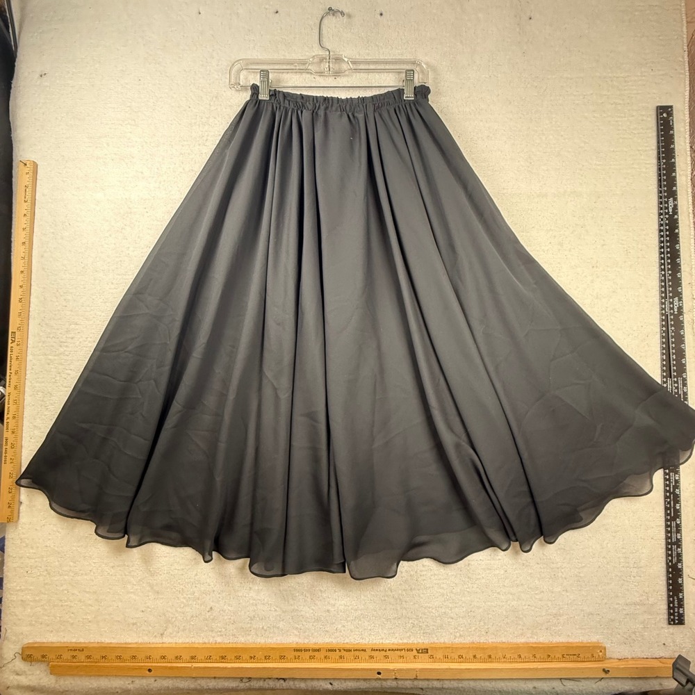 Vintage Black Chiffon Full Circle Maxi Skirt Elastic Waist Made in USA PL Flowy